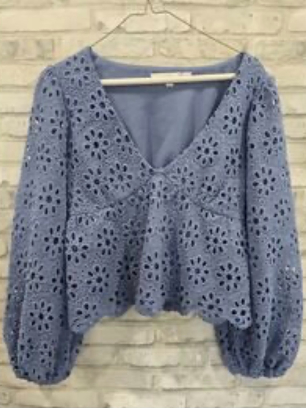 Altar'd State Long Sleeve Blue Crochet V-Neck Peplum Blouse, Size Medium - Picture 2 of 10